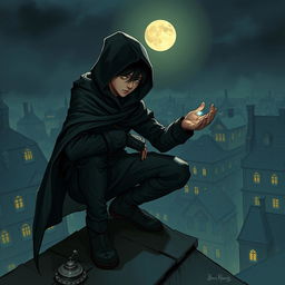 A captivating and mysterious young thief, depicted in a shadowy urban environment