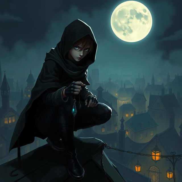 A captivating and mysterious young thief, depicted in a shadowy urban environment