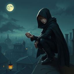 A captivating and mysterious young thief, depicted in a shadowy urban environment
