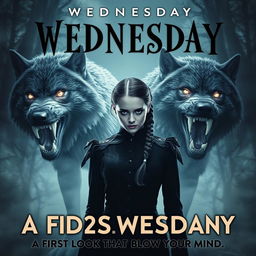 An electrifying promotional poster for 'WEDNESDAY Season 2: A First Look That Will Blow Your Mind', featuring a dramatic scene with Wednesday Addams in the foreground