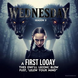 An electrifying promotional poster for 'WEDNESDAY Season 2: A First Look That Will Blow Your Mind', featuring a dramatic scene with Wednesday Addams in the foreground