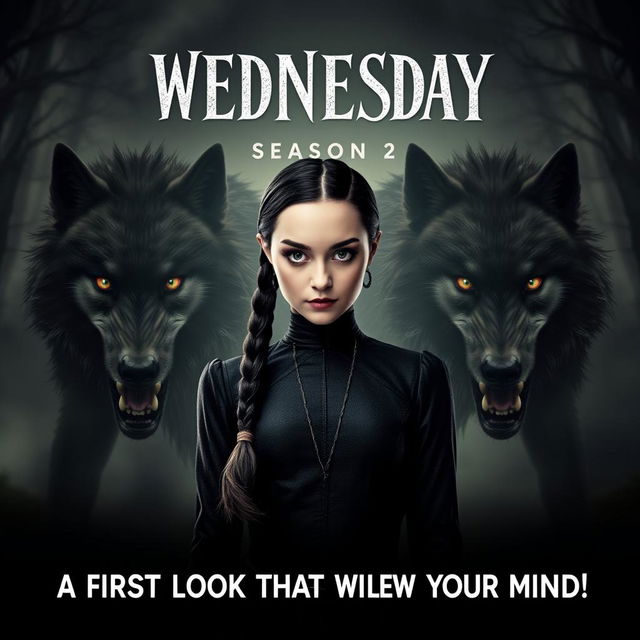 An electrifying promotional poster for 'WEDNESDAY Season 2: A First Look That Will Blow Your Mind', featuring a dramatic scene with Wednesday Addams in the foreground