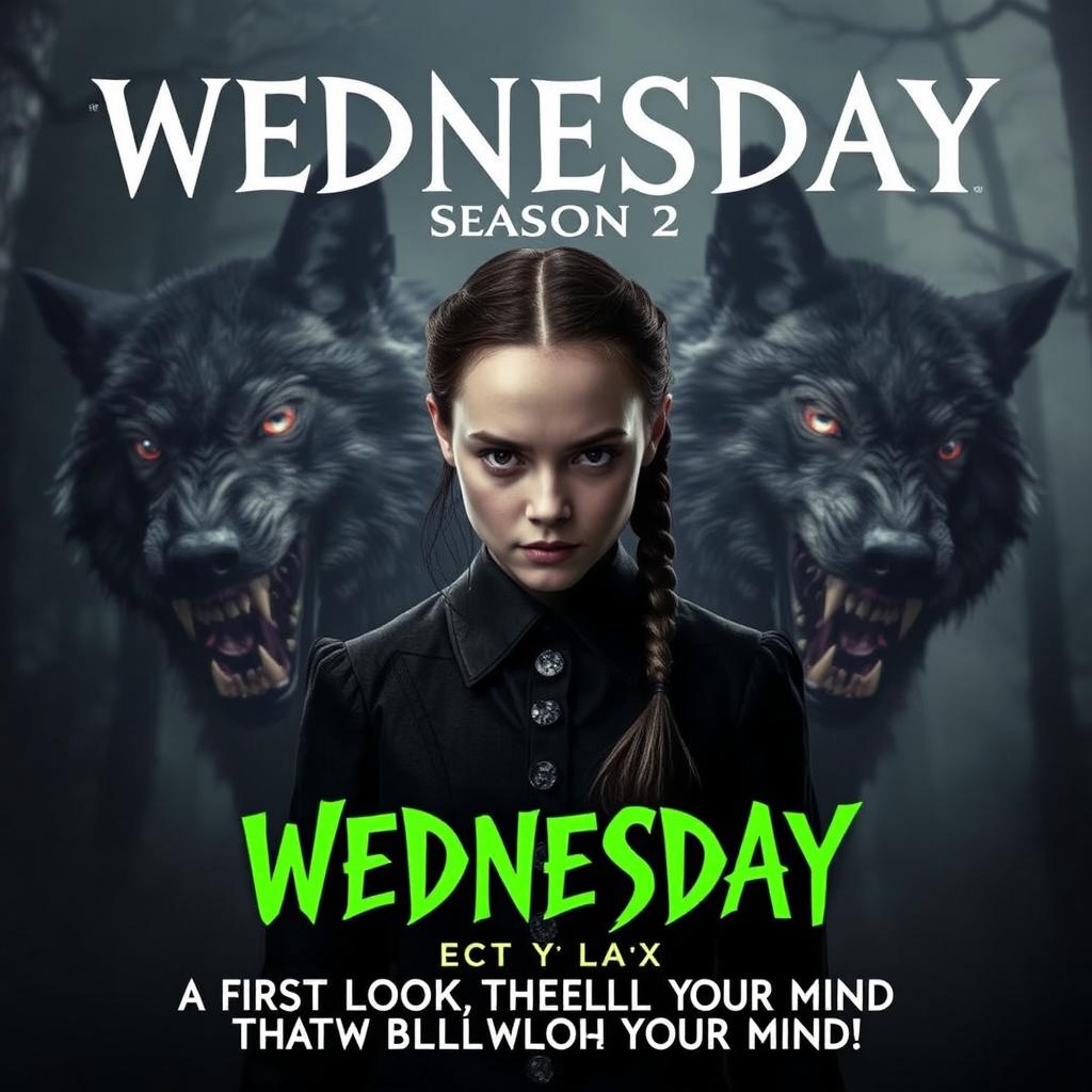 An electrifying promotional poster for 'WEDNESDAY Season 2: A First Look That Will Blow Your Mind', featuring a dramatic scene with Wednesday Addams in the foreground