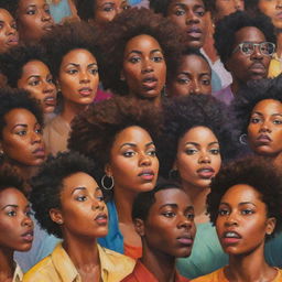 Illustrate an image of a crowd of African Americans looking to the side. Their collective gaze creates vivid dynamism, each face uniquely expressive. The crowd is colorful and vibrant, indicating a shared sense of purpose and unity.