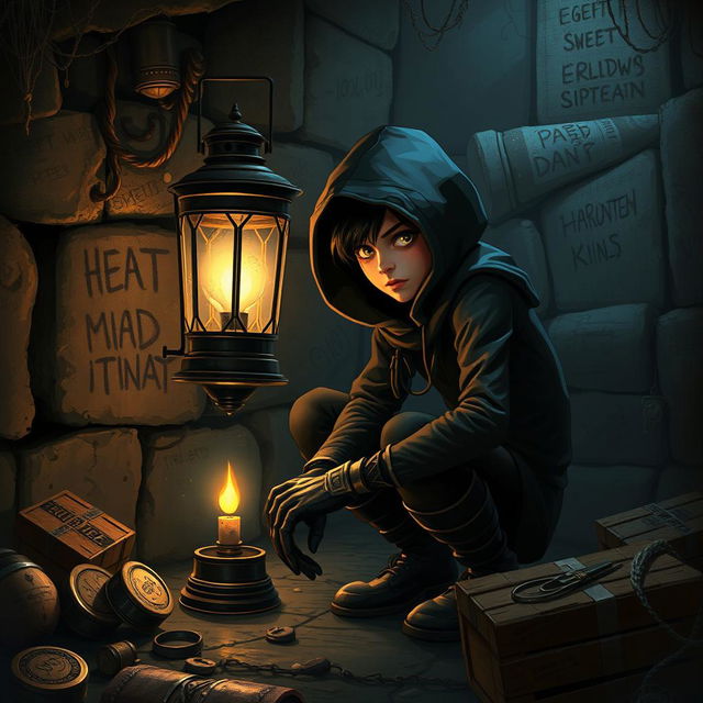 A captivating scene featuring a mysterious young thief lurking beneath the city