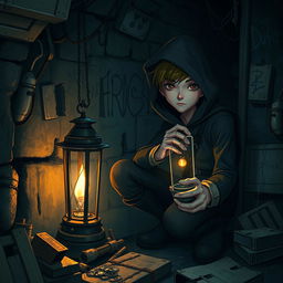 A captivating scene featuring a mysterious young thief lurking beneath the city