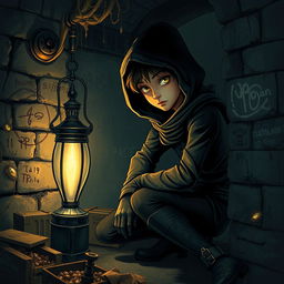 A captivating scene featuring a mysterious young thief lurking beneath the city