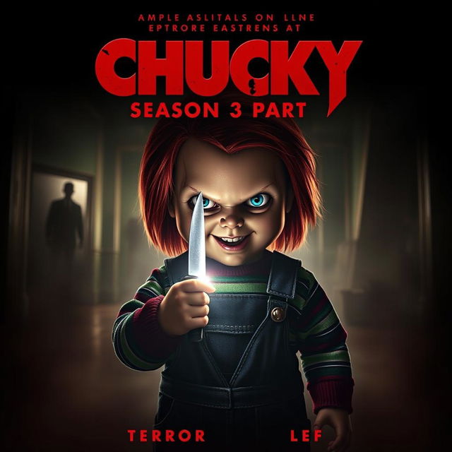 A chilling movie poster for 'Chucky Season 3 Part 2 (2024)', featuring the menacing doll Chucky in a dimly lit, eerie environment