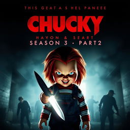 A chilling movie poster for 'Chucky Season 3 Part 2 (2024)', featuring the menacing doll Chucky in a dimly lit, eerie environment