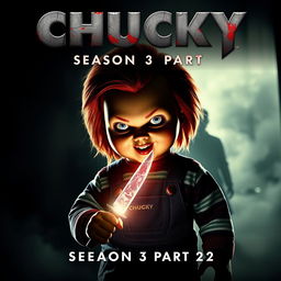 A chilling movie poster for 'Chucky Season 3 Part 2 (2024)', featuring the menacing doll Chucky in a dimly lit, eerie environment