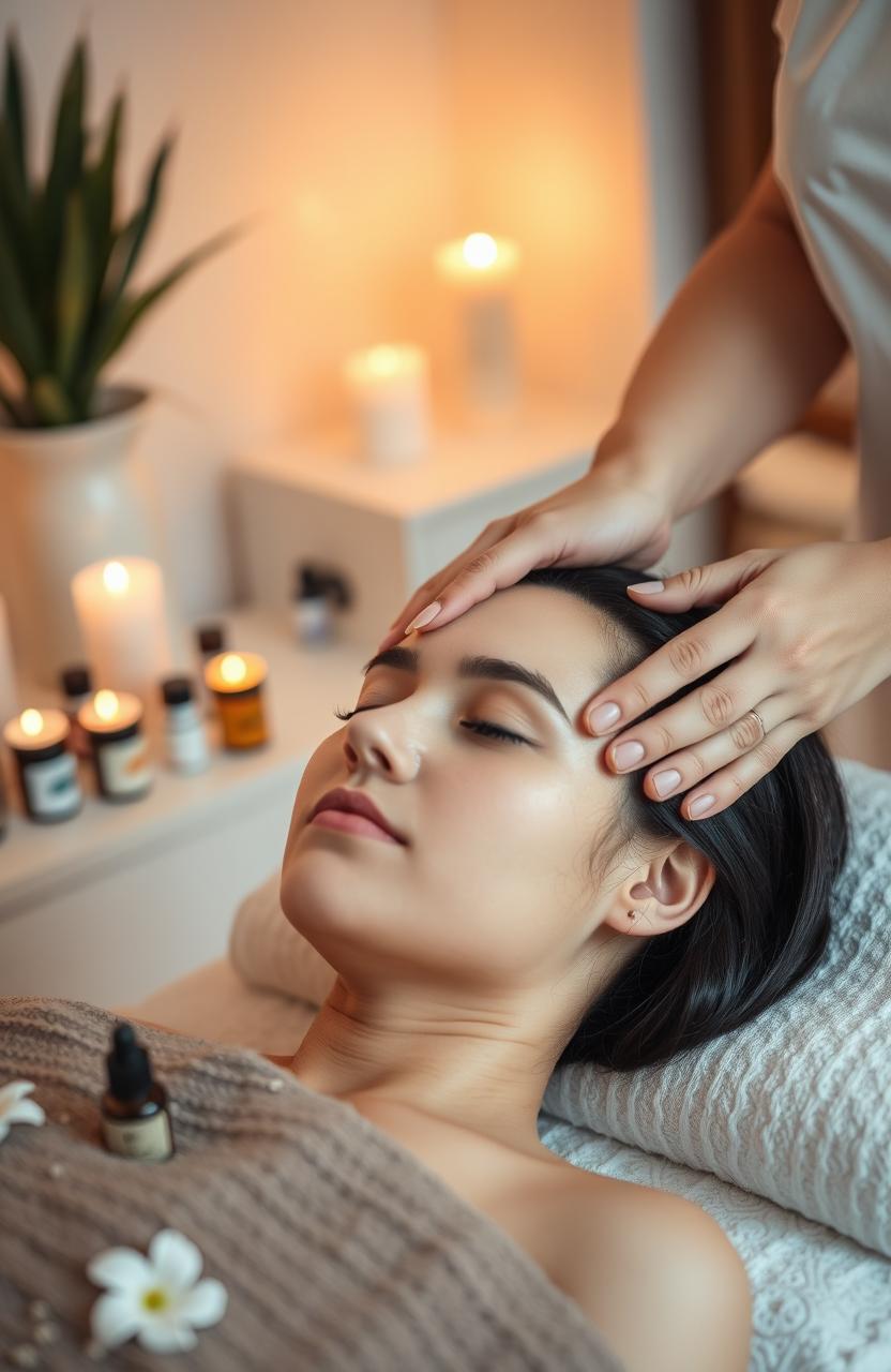 A serene and relaxing scene depicting a luxurious head massage session