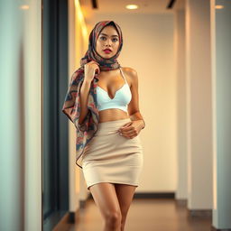 An elegant Indonesian woman wearing a stylish hijab in a vibrant and intricate design, beautifully posed