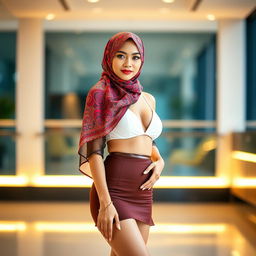 An elegant Indonesian woman wearing a stylish hijab in a vibrant and intricate design, beautifully posed