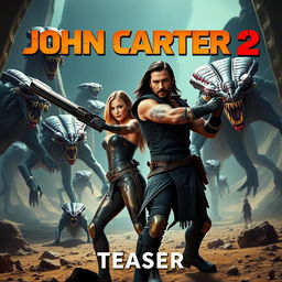 An exhilarating teaser poster for 'JOHN CARTER 2 (2025)', featuring Lynn Collins and Taylor Kitsch in dynamic action poses