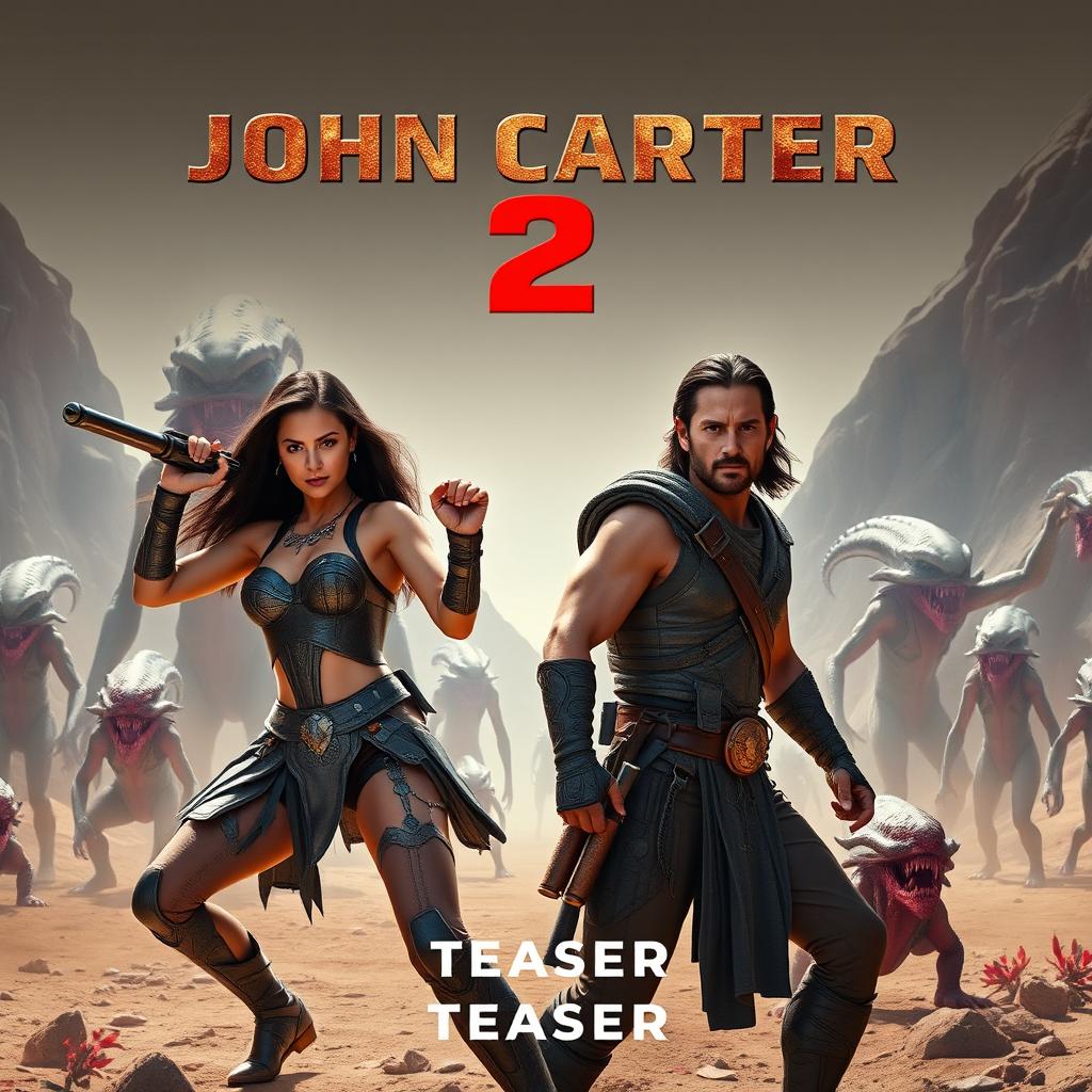 An exhilarating teaser poster for 'JOHN CARTER 2 (2025)', featuring Lynn Collins and Taylor Kitsch in dynamic action poses