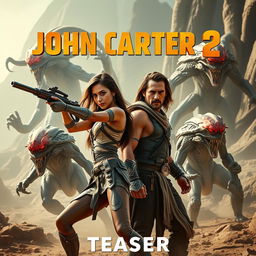 An exhilarating teaser poster for 'JOHN CARTER 2 (2025)', featuring Lynn Collins and Taylor Kitsch in dynamic action poses