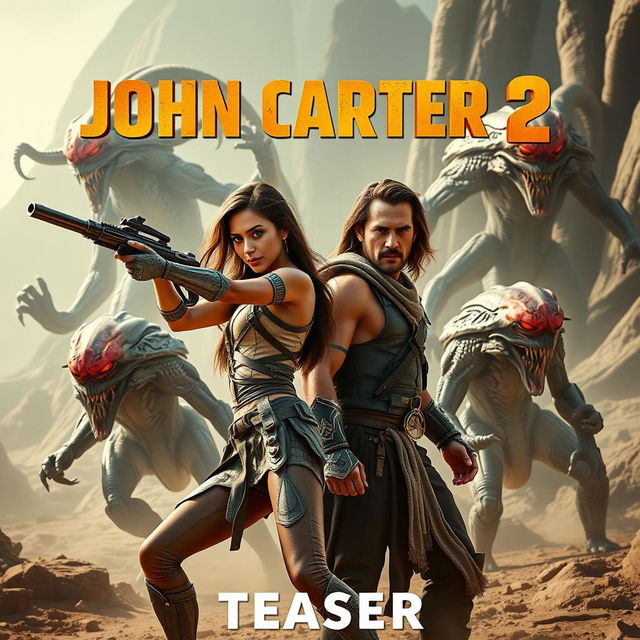 An exhilarating teaser poster for 'JOHN CARTER 2 (2025)', featuring Lynn Collins and Taylor Kitsch in dynamic action poses