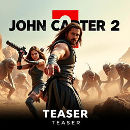 An exhilarating teaser poster for 'JOHN CARTER 2 (2025)', featuring Lynn Collins and Taylor Kitsch in dynamic action poses