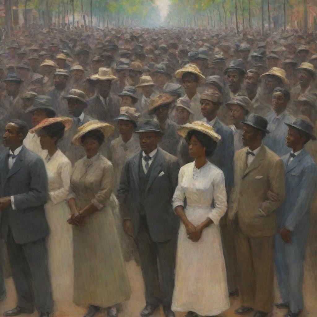 In Claude Monet's impressionist style, depict a crowd of African Americans, their collective gaze directed to one side. The dynamic brush strokes capture the vibrant energy and unity of the crowd, each face vivid with emotion and purpose.