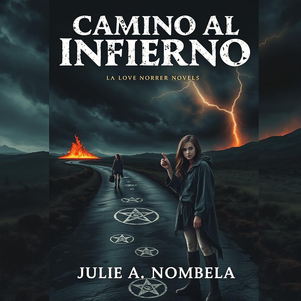 An eerie book cover for a horror novel titled 'Camino al Infierno' by Julio A