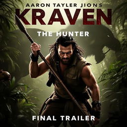 An intense movie poster for 'Kraven the Hunter – Final Trailer (2024)', showcasing Aaron Taylor Johnson as Kraven in a fierce, action-packed pose