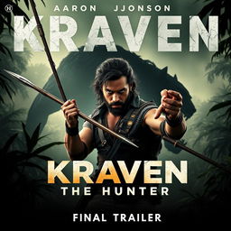 An intense movie poster for 'Kraven the Hunter – Final Trailer (2024)', showcasing Aaron Taylor Johnson as Kraven in a fierce, action-packed pose