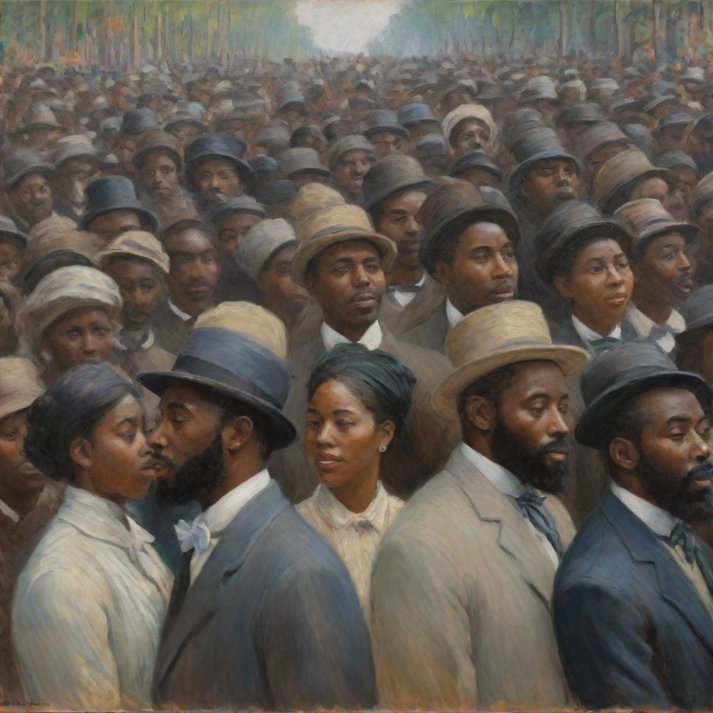 In Claude Monet's impressionist style, depict a crowd of African Americans, their collective gaze directed to one side. The dynamic brush strokes capture the vibrant energy and unity of the crowd, each face vivid with emotion and purpose.