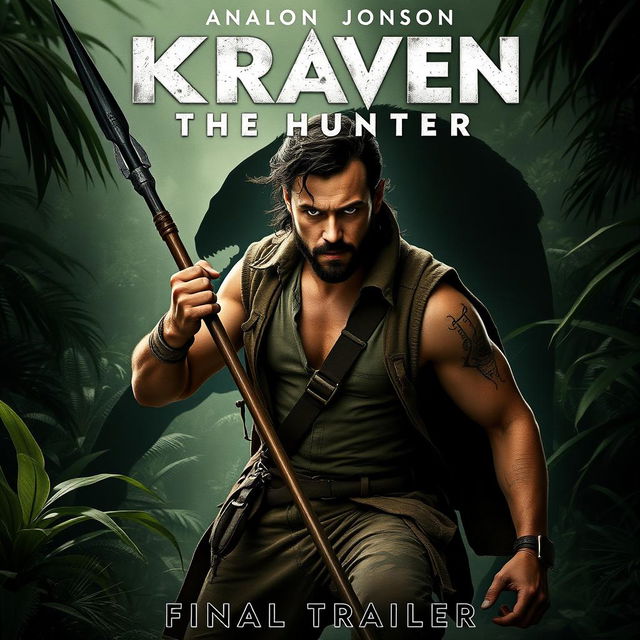 An intense movie poster for 'Kraven the Hunter – Final Trailer (2024)', showcasing Aaron Taylor Johnson as Kraven in a fierce, action-packed pose