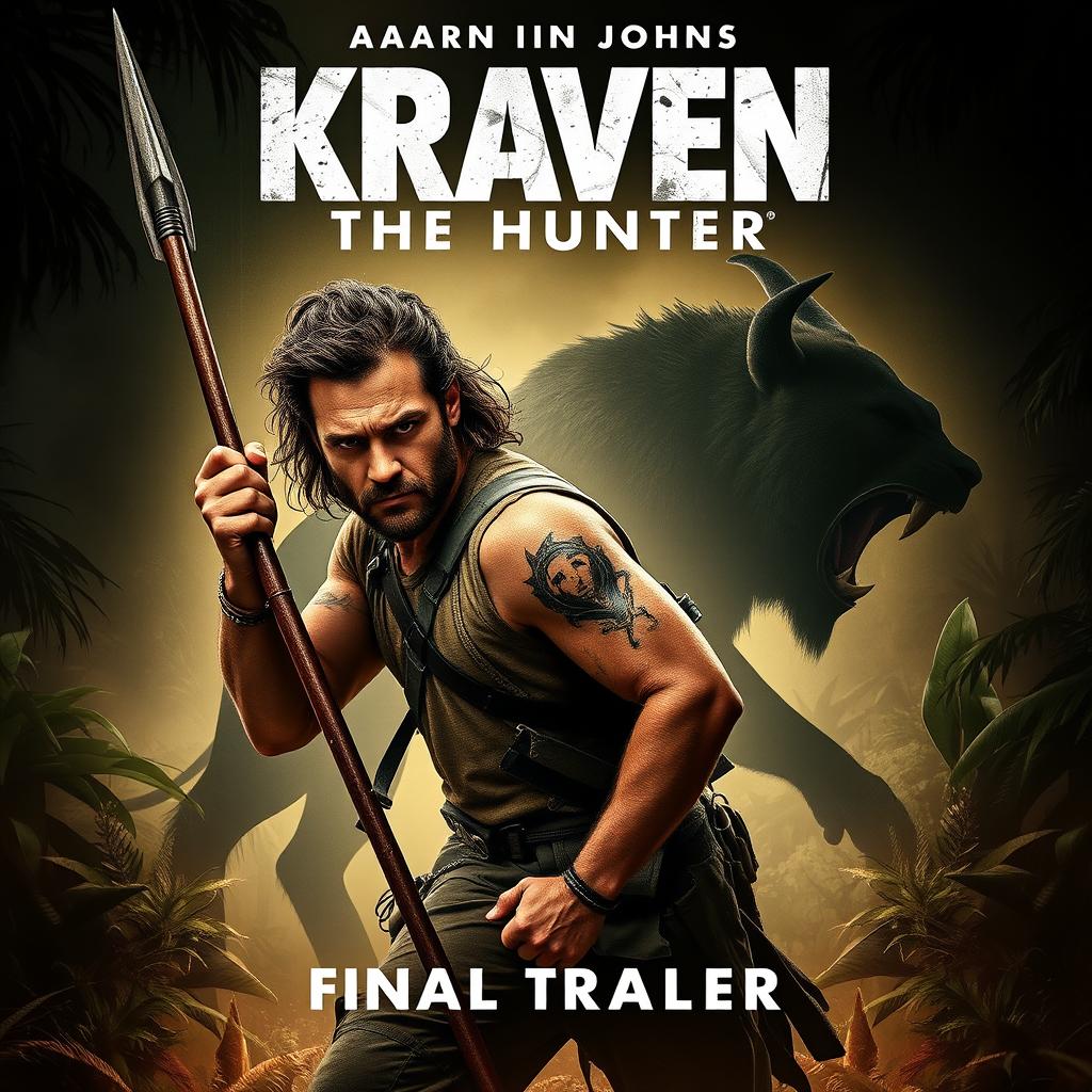 An intense movie poster for 'Kraven the Hunter – Final Trailer (2024)', showcasing Aaron Taylor Johnson as Kraven in a fierce, action-packed pose