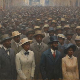 In Claude Monet's impressionist style, depict a crowd of African Americans, their collective gaze directed to one side. The dynamic brush strokes capture the vibrant energy and unity of the crowd, each face vivid with emotion and purpose.