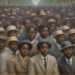 In Claude Monet's impressionist style, depict a crowd of African Americans, their collective gaze directed to one side. The dynamic brush strokes capture the vibrant energy and unity of the crowd, each face vivid with emotion and purpose.