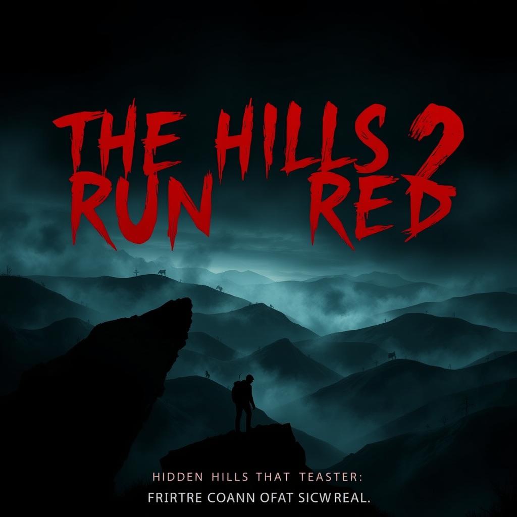 A suspenseful teaser poster for 'The Hills Run Red 2 (2024)', showcasing a dark, ominous landscape of twisted hills under a foreboding night sky