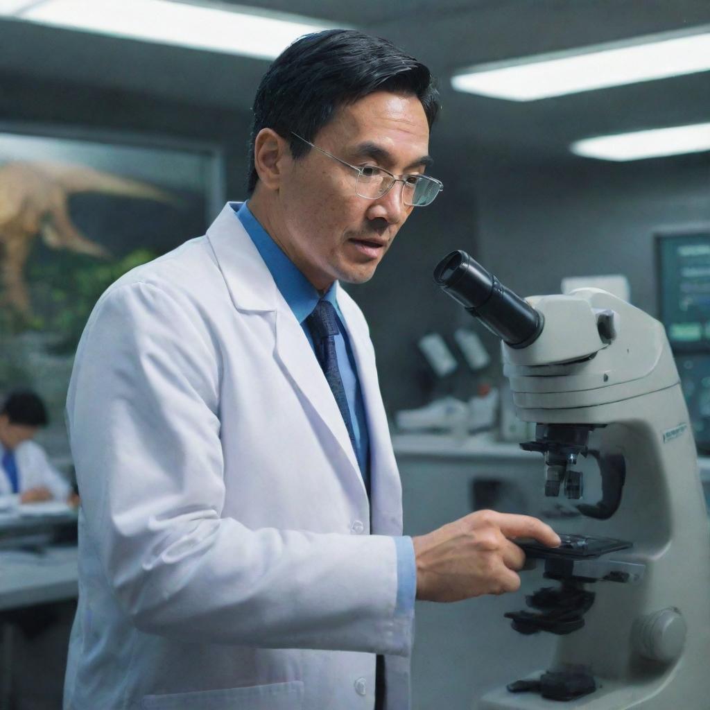 Adjust the image of Isla Nublar to include a guest named Dr. Wu, a man in a lab coat, looking closely at a dinosaur through a microscope at a modern, futuristic lab facility on the island.