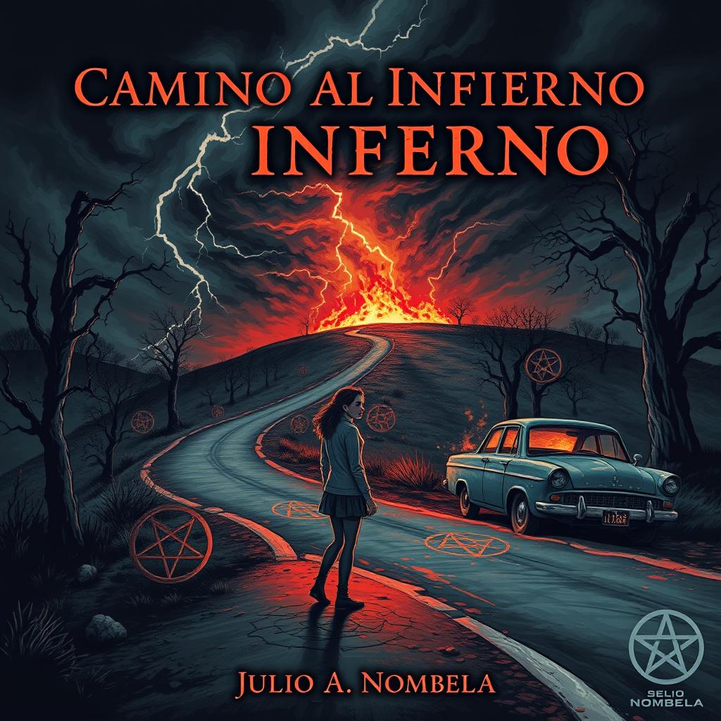 A chilling book cover for a horror novel titled 'Camino al Infierno' by Julio A