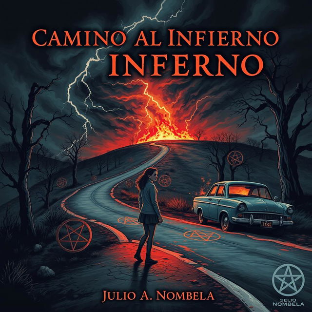 A chilling book cover for a horror novel titled 'Camino al Infierno' by Julio A