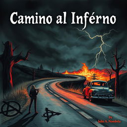 A chilling book cover for a horror novel titled 'Camino al Infierno' by Julio A