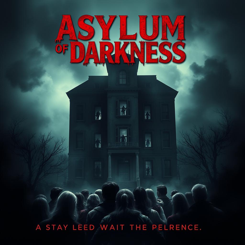 An unsettling movie poster for 'Asylum of Darkness (2025)', featuring a decrepit, haunted asylum shrouded in fog and darkness