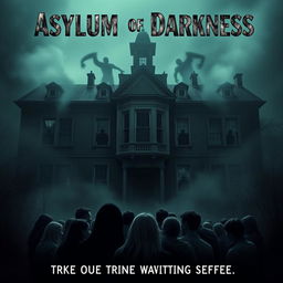 An unsettling movie poster for 'Asylum of Darkness (2025)', featuring a decrepit, haunted asylum shrouded in fog and darkness