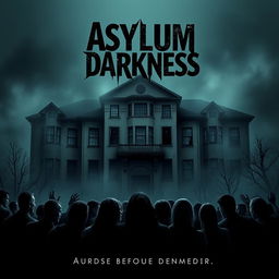 An unsettling movie poster for 'Asylum of Darkness (2025)', featuring a decrepit, haunted asylum shrouded in fog and darkness