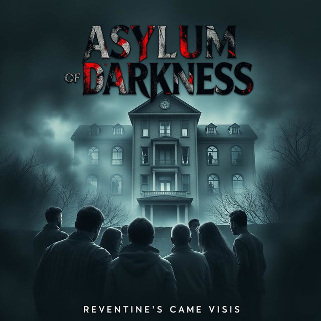 An unsettling movie poster for 'Asylum of Darkness (2025)', featuring a decrepit, haunted asylum shrouded in fog and darkness