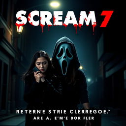 A chilling teaser poster for 'Scream 7 (2025)', featuring Jenna Ortega and Courtney Cox alongside the iconic Ghostface mask hovering ominously in the background