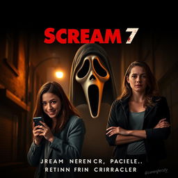 A chilling teaser poster for 'Scream 7 (2025)', featuring Jenna Ortega and Courtney Cox alongside the iconic Ghostface mask hovering ominously in the background