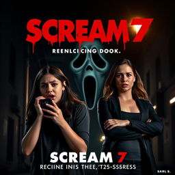 A chilling teaser poster for 'Scream 7 (2025)', featuring Jenna Ortega and Courtney Cox alongside the iconic Ghostface mask hovering ominously in the background