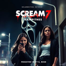 A chilling teaser poster for 'Scream 7 (2025)', featuring Jenna Ortega and Courtney Cox alongside the iconic Ghostface mask hovering ominously in the background
