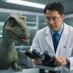 Adjust the image of Isla Nublar to include a guest named Dr. Wu, a man in a lab coat, looking closely at a dinosaur through a microscope at a modern, futuristic lab facility on the island.