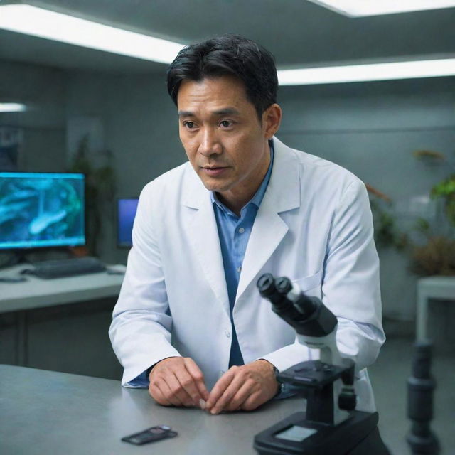 Adjust the image of Isla Nublar to include a guest named Dr. Wu, a man in a lab coat, looking closely at a dinosaur through a microscope at a modern, futuristic lab facility on the island.