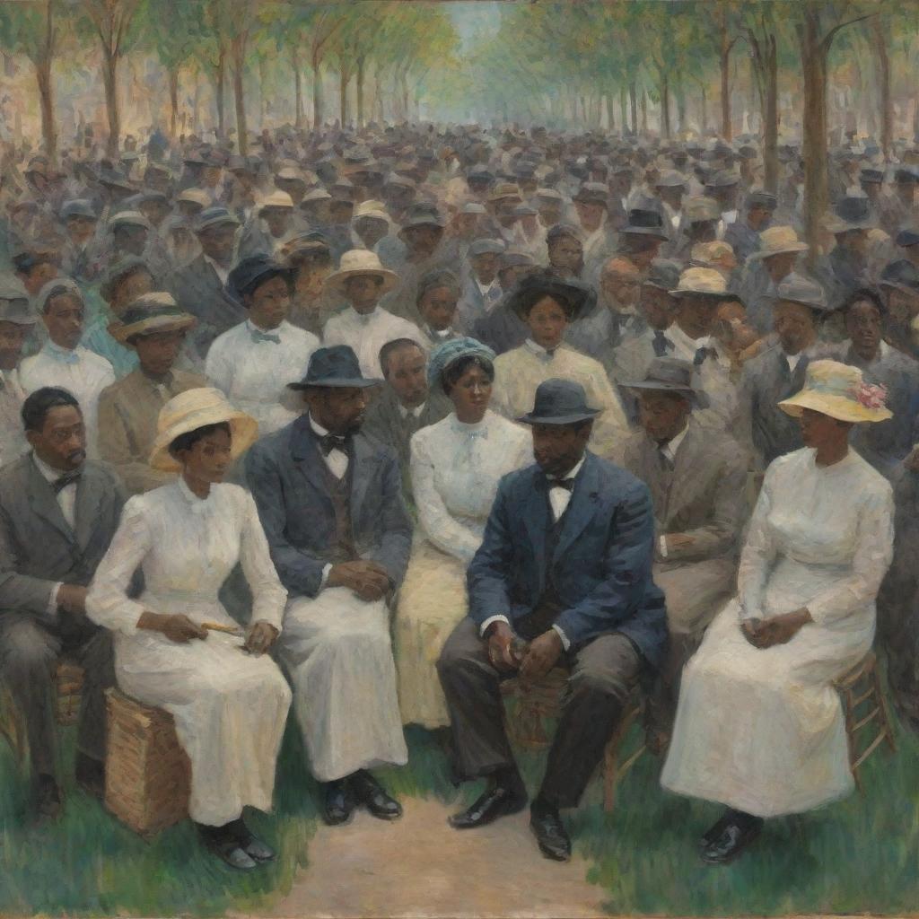 Craft an image in the impressionist style of Claude Monet, featuring seated African Americans forming a crowd, their collective gaze focused towards one side. Monet's lively brush strokes enrich the scene, capturing their shared attention and unity.