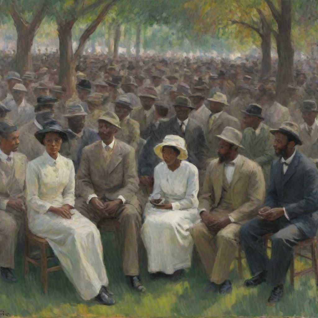 Craft an image in the impressionist style of Claude Monet, featuring seated African Americans forming a crowd, their collective gaze focused towards one side. Monet's lively brush strokes enrich the scene, capturing their shared attention and unity.