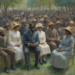 Craft an image in the impressionist style of Claude Monet, featuring seated African Americans forming a crowd, their collective gaze focused towards one side. Monet's lively brush strokes enrich the scene, capturing their shared attention and unity.