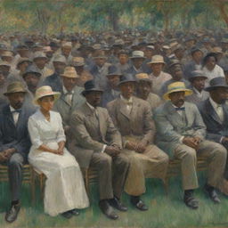 Craft an image in the impressionist style of Claude Monet, featuring seated African Americans forming a crowd, their collective gaze focused towards one side. Monet's lively brush strokes enrich the scene, capturing their shared attention and unity.